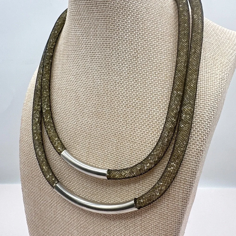 Vintage 90s Black Mesh Double Strand Glass Stone Necklace Silver Tone